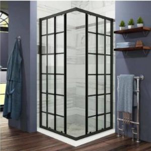 36 in. w x 72 in. h sliding semi frameless shower door in black finish with silk screen grid glass (retail $726)