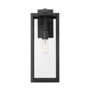 hurley 19.25 in. matte black farmhouse outdoor 1 light wall sconce with clear glass shade (retail $89)