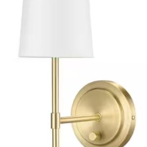 0000 globe electric 51861 clarissa 1 light wall sconce, matte brass, white fabric shade