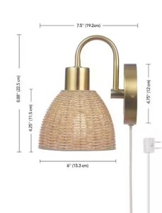 07731L Indoor Sconce Isla 7 In. 1 Light Matte Brass Wall Sconce Light With Plug In Or Hardwire Option And Rattan Shade 229x300